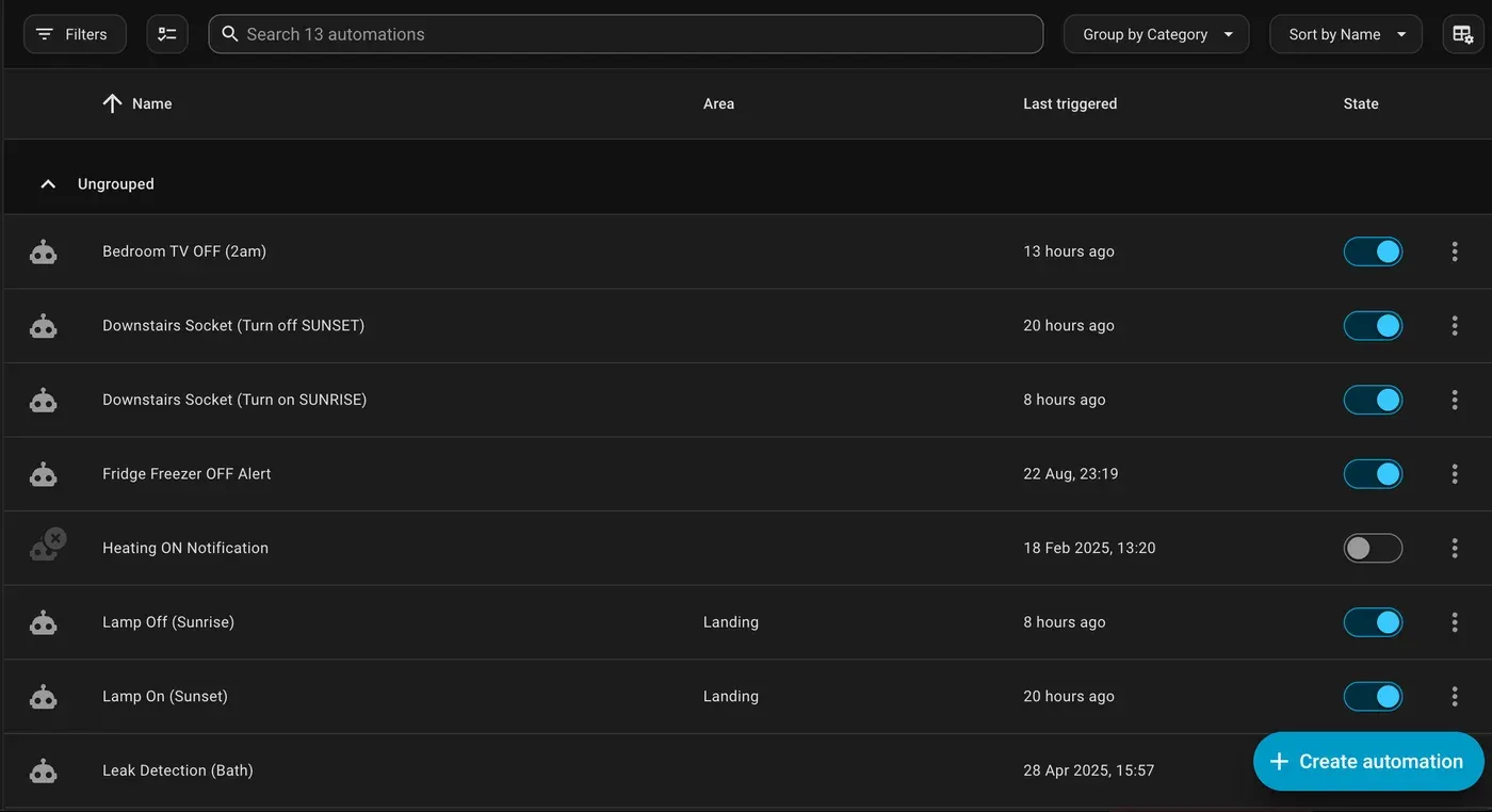 A list of configured Home Assistant automations, including lighting schedules and an appliance failure alert