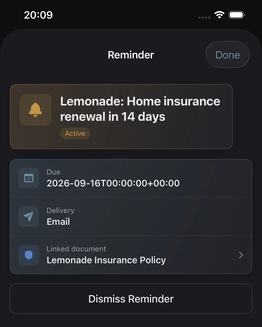 GetOrlo app interface, showing a document renewal reminder
