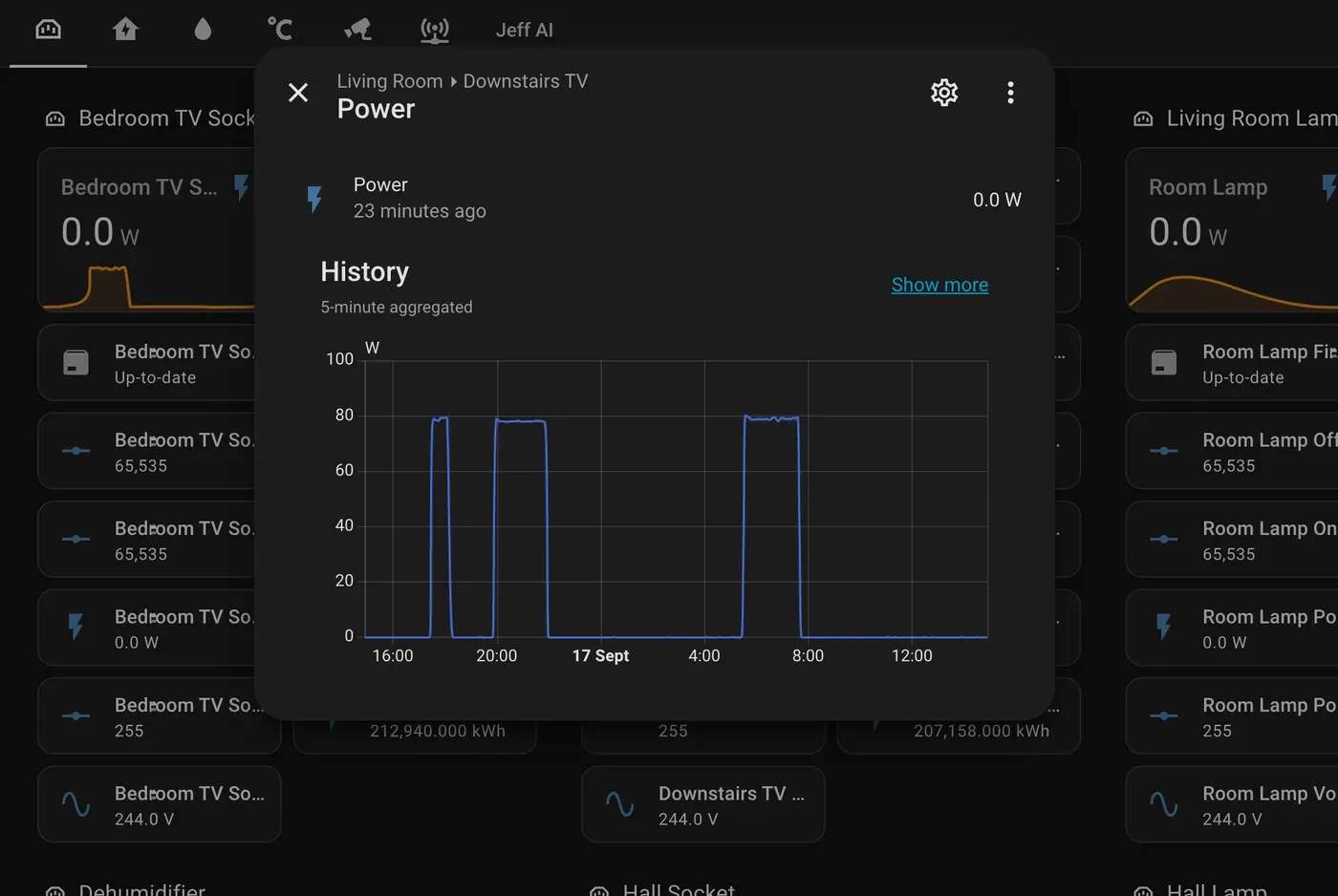 Detailed power history graph for a single smart plug over 24 hours